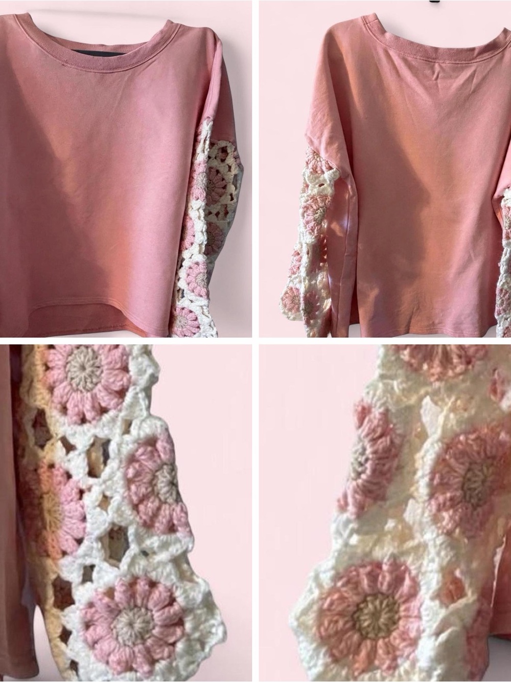 BiBi Blush French Terry Pullover Top Crochet Sleeves Granny Square Boho Size L
